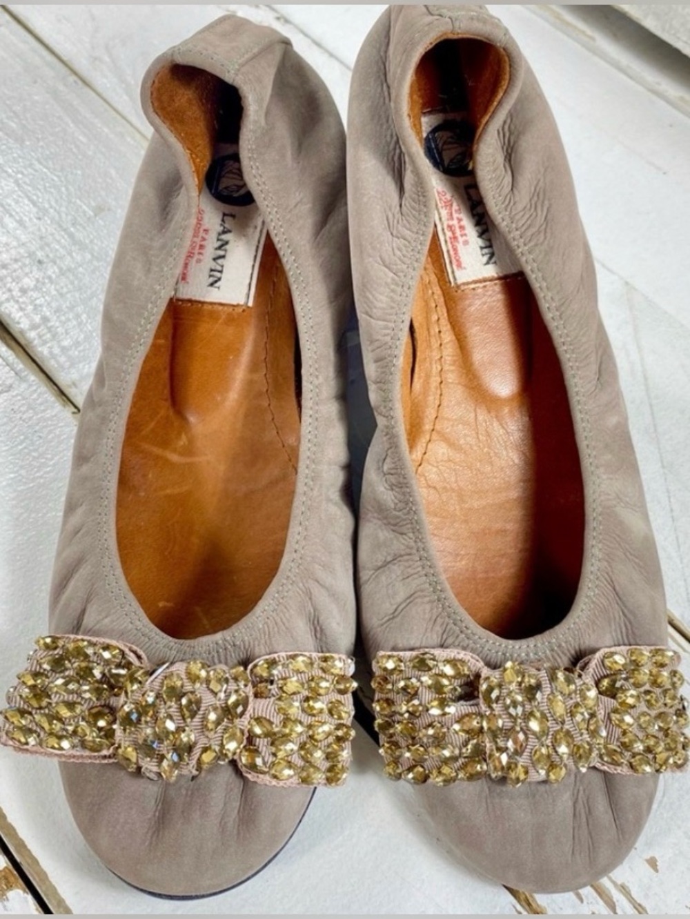 Lanvin Taupe Leather Ballet Flats with Gold Crystal Bow Accent
